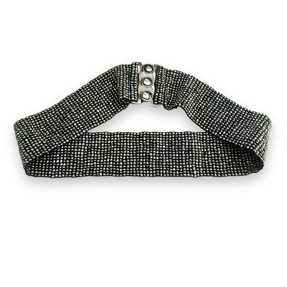 Vintage Stretchy Beaded Gunmetal Gray Heavy Belt with Silver Buckle Size L/XL